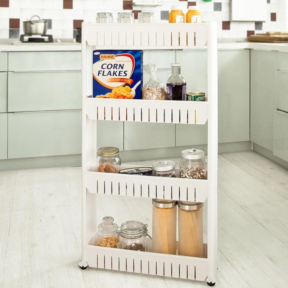 COSTWAY Carrello da Cucina a 4 Ripiani, Carrello Portaoggetti in Legno con Ruote Universali, Stretto e Slim 20cm, Salvaspazio con Manico per Bagno Lavanderia (Naturale+Bianco, con presa