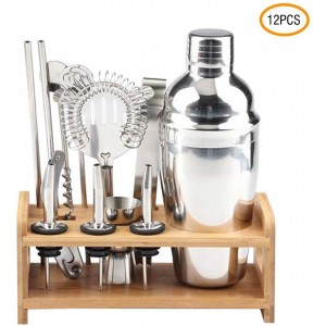 Kit da Barman 12 + 1 Pz 550ml 187561 Base di legno e Guida per cocktail acciaio