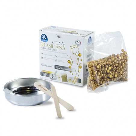 Kit completo cera brasiliana in perline oro art. 59503 con pentolino in metallo