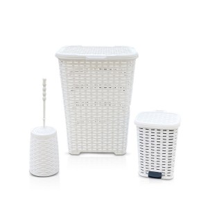 Set 3pz Accessori Bagno Rattan 304636 Cesto Biancheria Cestino Rifiuti Scopino