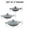 Set Tegami 7pz GRIGIO in pietra vulcanica Antiaderente 24-28-32 cm con Coperchi