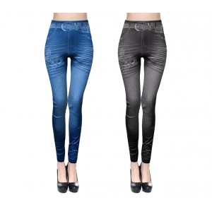 J0175 Leggings effetto denim con dettaglio nota musicale slim modellante in due varianti